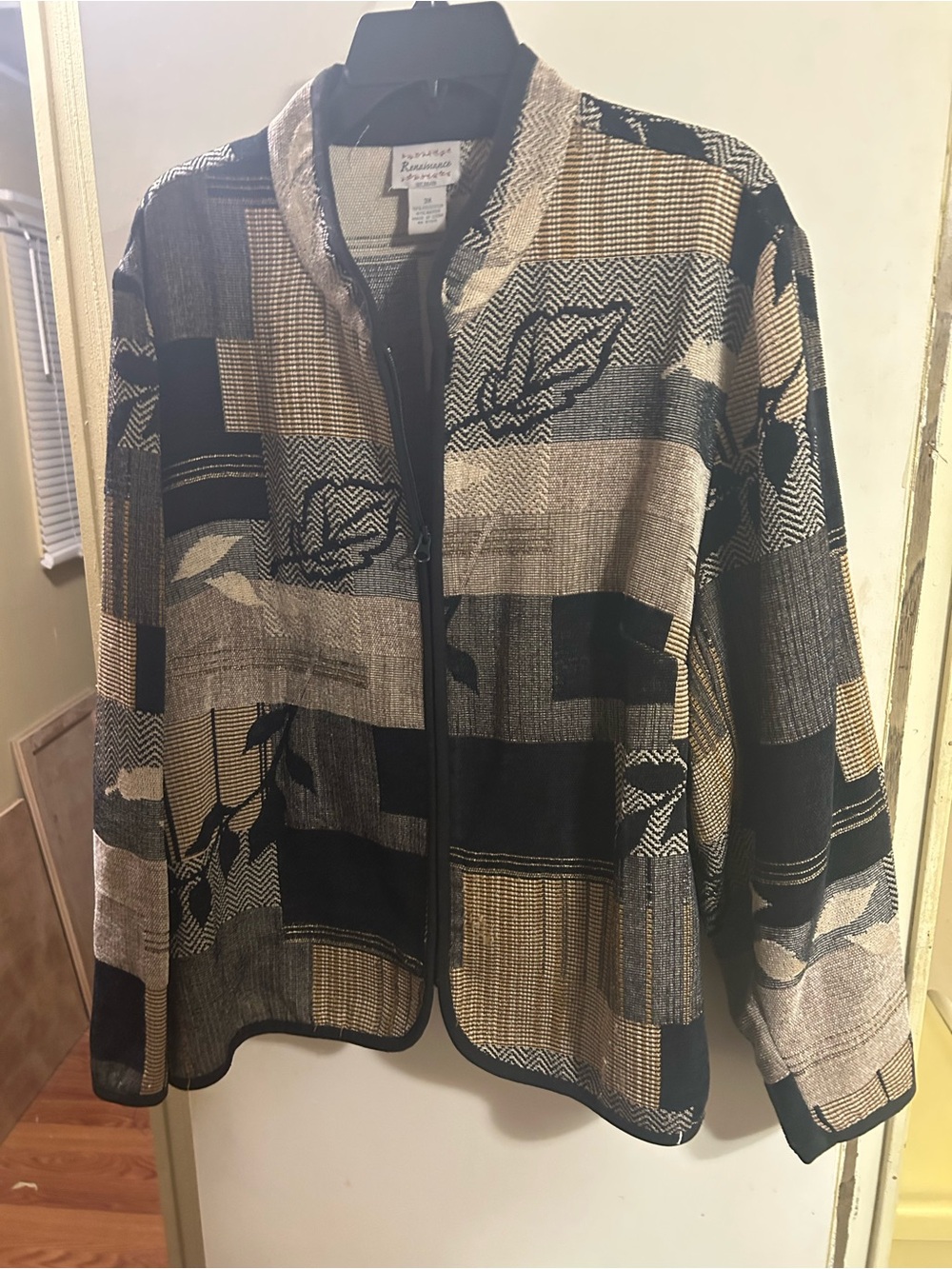 Patchwork Knit Zip-Front Blazer Jacket in Black & Tan
